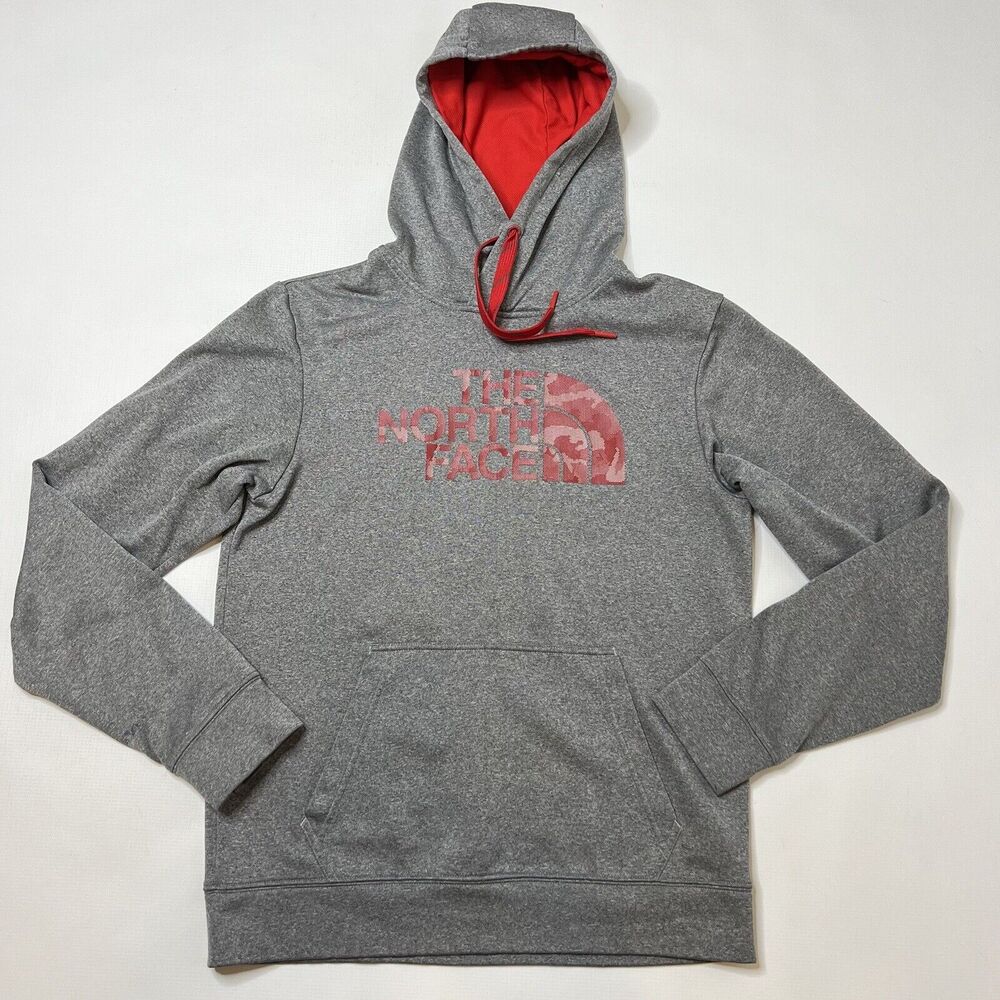 The North Face Mens Small Heathered Gray Red Pullover Hoodie Spellout Sweater